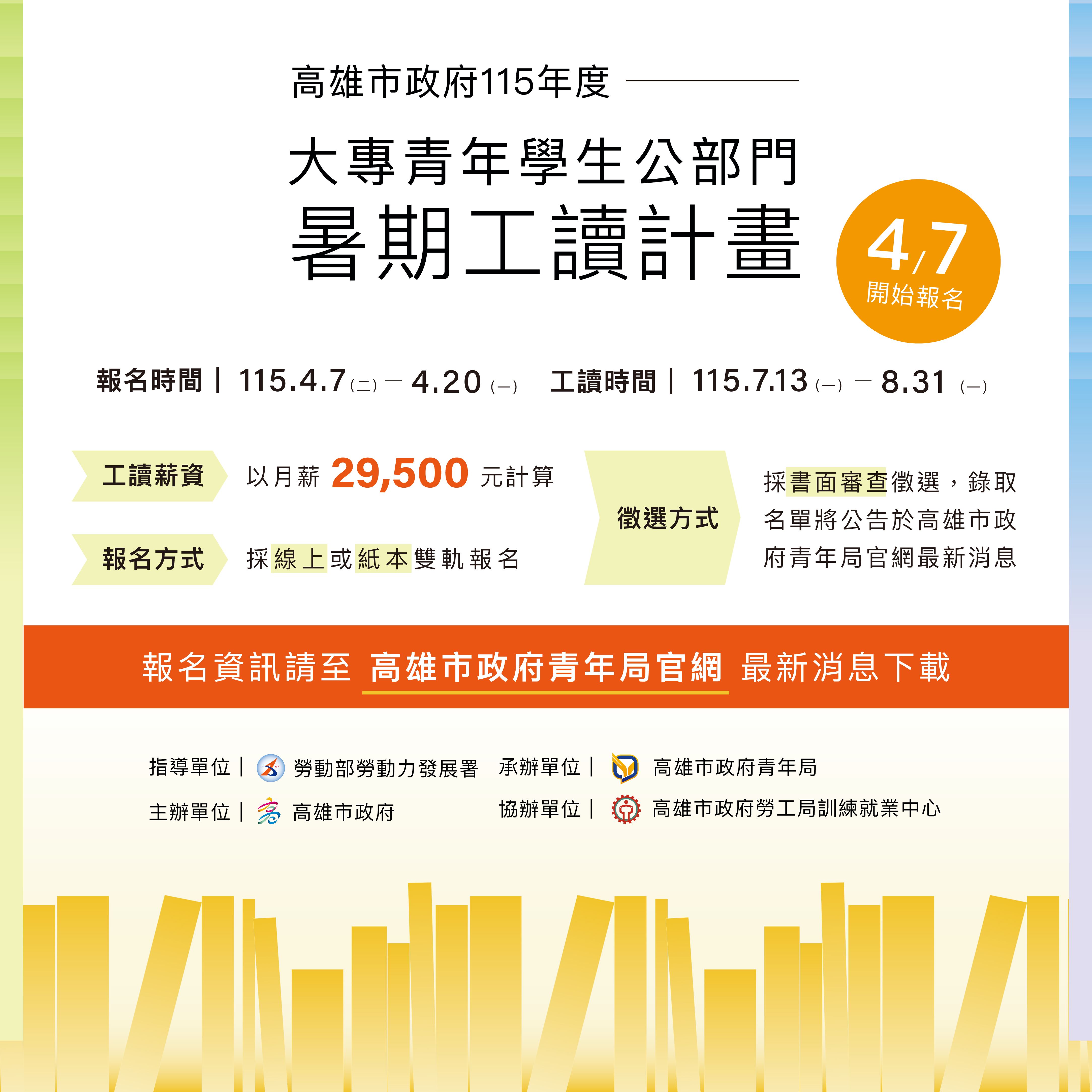 走入市政、探索職涯 高市府379席暑期工讀4/7開放申請 首採線上紙本雙軌報名　....