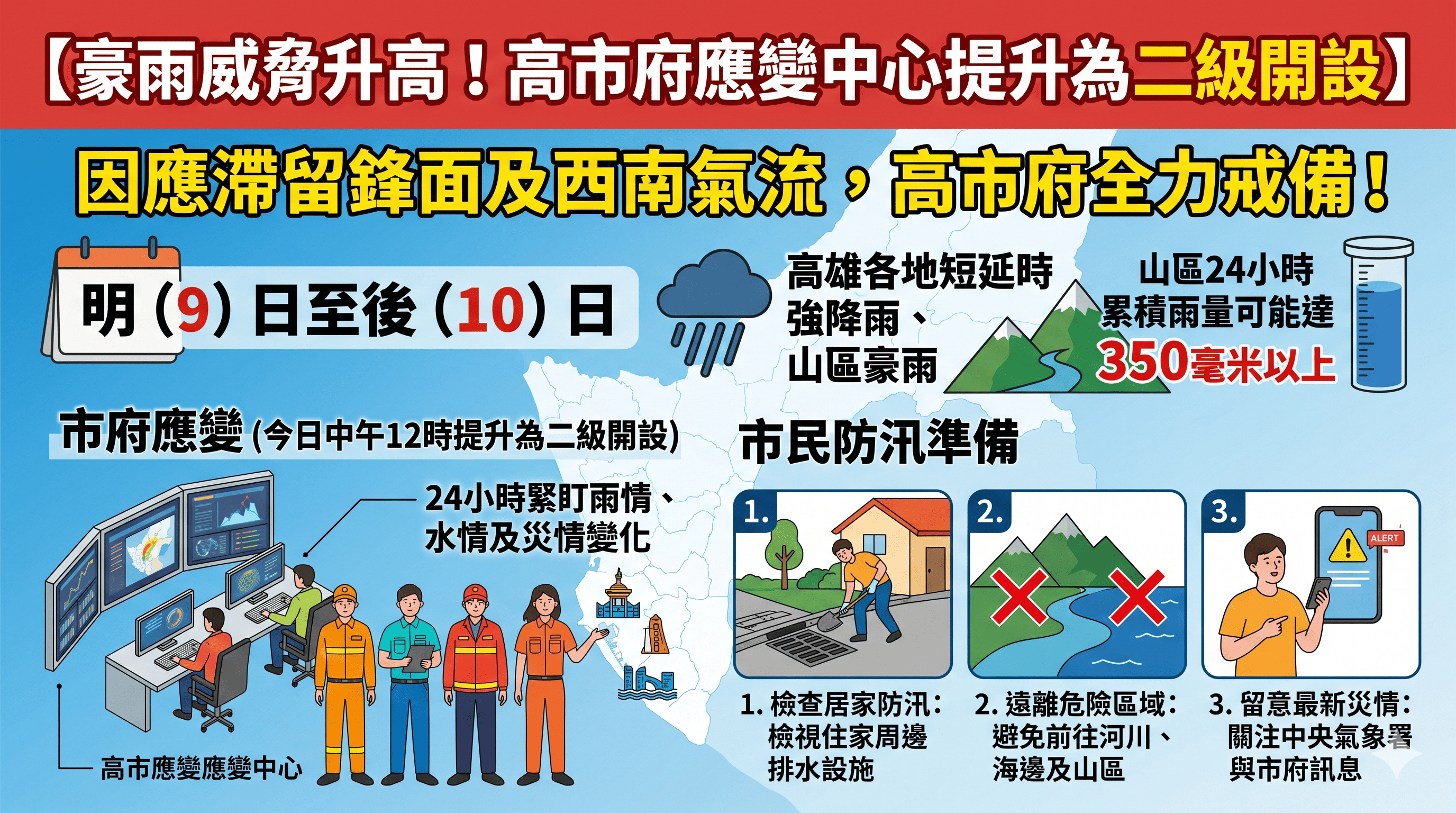 【代發高雄市政府水利局新聞稿】豪雨威脅升高  高市府應變中心提升至二級開設、全力....