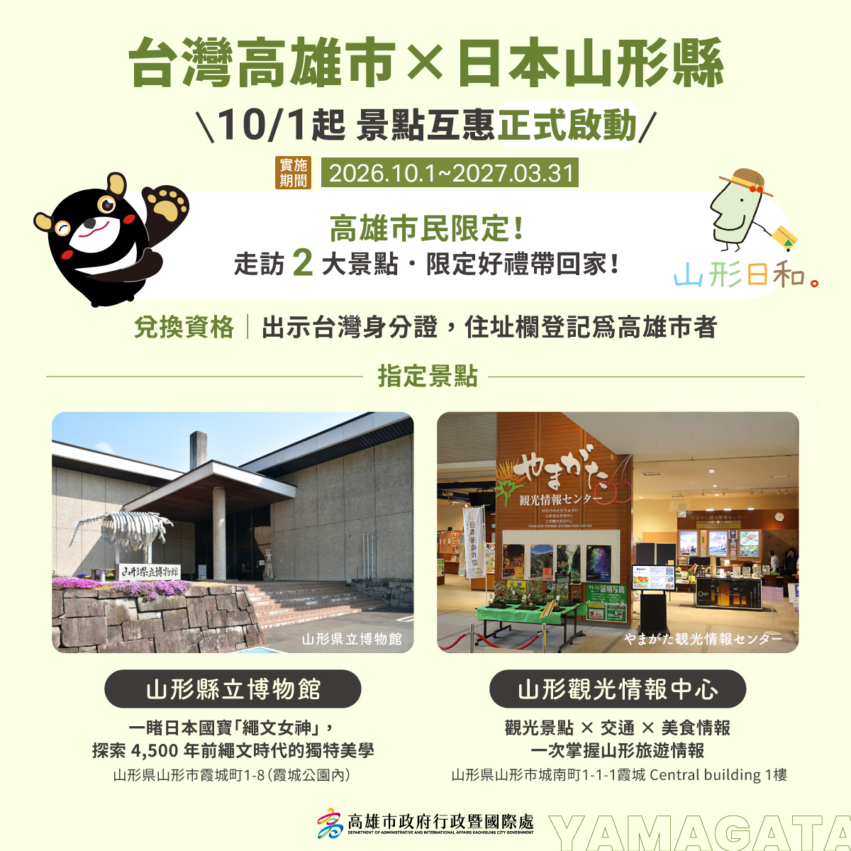 高雄與山形縣景點互惠10/1啟動 高雄市民遊2景點享限定好禮
